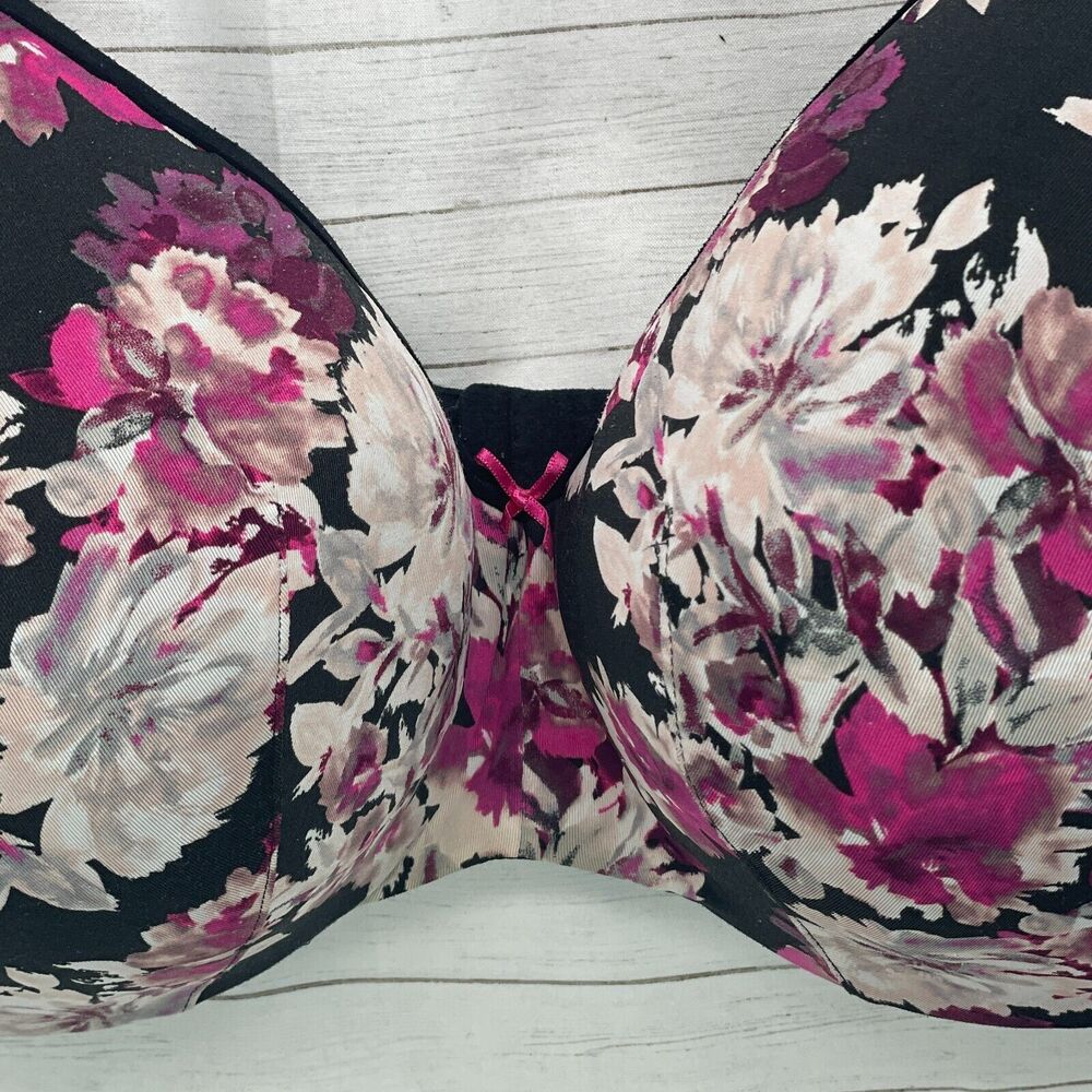 Cacique Women Bra Size 40H Black Floral Print Lightly Lined Balconette Underwire - Picture 2 of 8